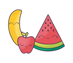 slice of watermelon with apple and banana kawaii character