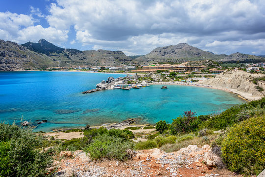 Kolymbia beaches with the rocky coast and bright sea in Rhodes island, Greece.