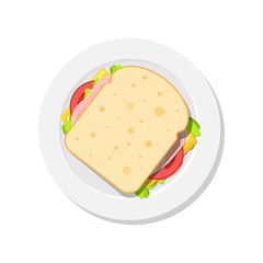 Sandwich on plate top view. Slice of bread with cheese, tomato, salad, ham. Template for web design, brochure printing, food presentation or menu.