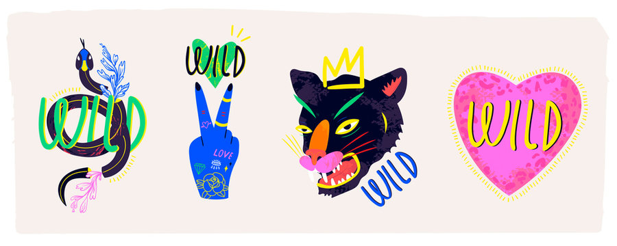 Abstract neon wild panther with crown, pink heart, snake and blue hand. Hand drawn trendy illustration. Set of four colorful logos. Perfect for textile prints. All elements are isolated