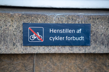 Copenhagen, Denmark - April 1, 2019: Picture of a sign at Copenhagen asking people not to leave bike here
