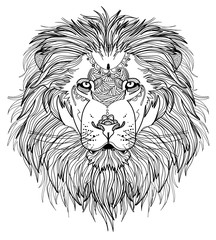 The head of a lion with a big mane. Meditative coloring of antistress. Arrows, strips, scales, lines. Logo, print on the shirt. Background for text