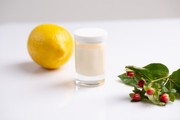 Organic nutrition facial cream with vitamin C, skincare organic concept with lemon and green coffee