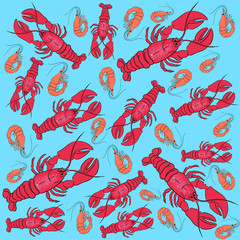 Crawfish and shrimps line vector illustration