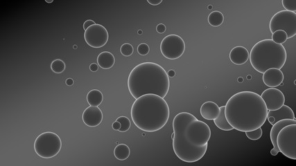 3D rendering of a set of gray droplets glowing on a gradient background with diagonal stripes. Drops coalesce, scattered in the space randomly. abstraction, 3D illustration.