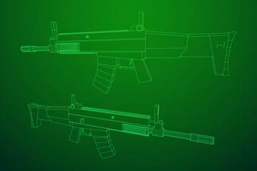 Assault rifle, automatic fire rifle model wireframe low poly mesh vector illustration