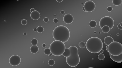 3D rendering of a set of gray droplets glowing on a gradient background with diagonal stripes. Drops coalesce, scattered in the space randomly. abstraction, 3D illustration.