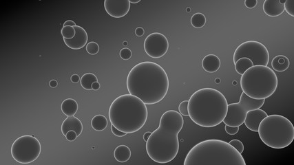 3D rendering of a set of gray droplets glowing on a gradient background with diagonal stripes. Drops coalesce, scattered in the space randomly. abstraction, 3D illustration.