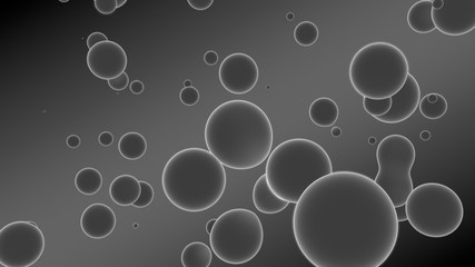 3D rendering of a set of gray droplets glowing on a gradient background with diagonal stripes. Drops coalesce, scattered in the space randomly. abstraction, 3D illustration.
