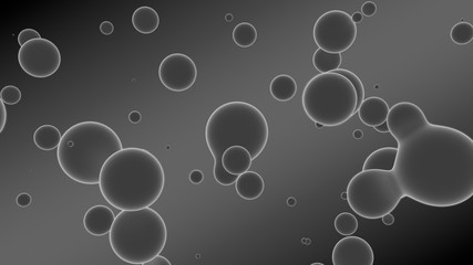 3D rendering of a set of gray droplets glowing on a gradient background with diagonal stripes. Drops coalesce, scattered in the space randomly. abstraction, 3D illustration.