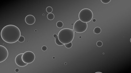 3D rendering of a set of gray droplets glowing on a gradient background with diagonal stripes. Drops coalesce, scattered in the space randomly. abstraction, 3D illustration.