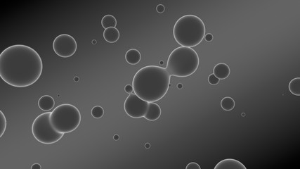 3D rendering of a set of gray droplets glowing on a gradient background with diagonal stripes. Drops coalesce, scattered in the space randomly. abstraction, 3D illustration.
