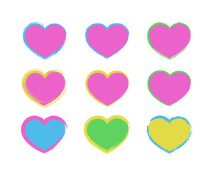 Hearts with torn edges. Fashionable bright colors: pink, blue, green, yellow. Vector illustration.