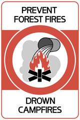 Drown campfires.Sign. Informative, text poster.Prevent forest fire.