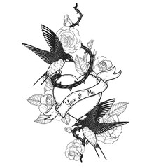 swallows with heart vector tattoo by hand drawing.Beautiful bird on rose background.Black and white graphics design art highly detailed in line art style.Swallows for tattoo or wallpaper.
