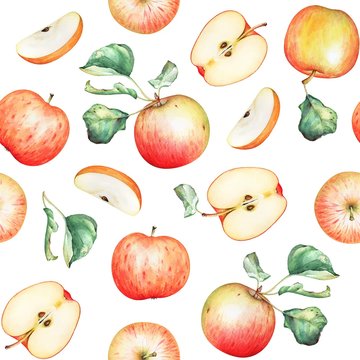 Seamless pattern with watercolor red apples and leaves