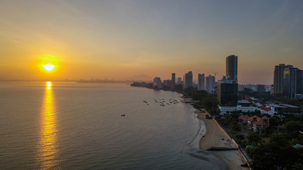 Beautiful aerial sunrise near the beach in Penang Malaysia early in the morning