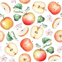 Seamless pattern with watercolor apples on white background