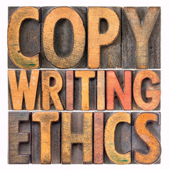 copywriting ethics word abstract in wood type