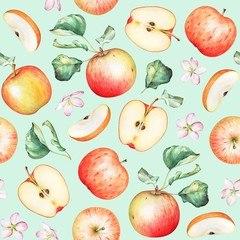 Seamless pattern with watercolor apple fruits and green leaves