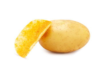 Isolated potatoes and crispy potato chips on white background