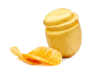 Isolated potatoes slices turning into crispy spicy potato chips on white background
