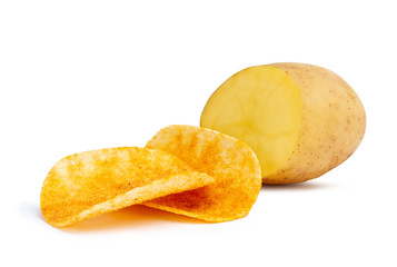 Fototapeta na wymiar Isolated half of potatoes and crispy potato chips on white background