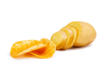 Isolated potatoes slices turning into crispy potato chips on white background