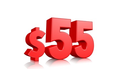 55$ fifty five price symbol. red text 3d  render with dollar sign on white background