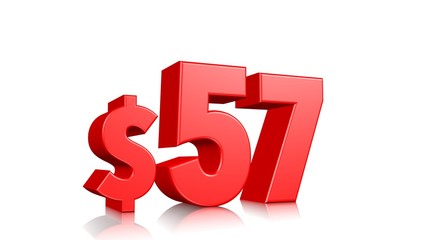 57$ fifty seven price symbol. red text 3d  render with dollar sign on white background