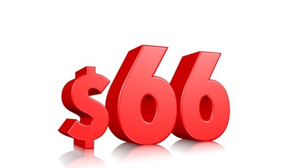 66$ sixty six price symbol. red text 3d  render with dollar sign on white background