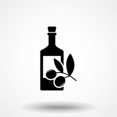 Black olives branch with olive oil bottle sign. Flat style icon on white background