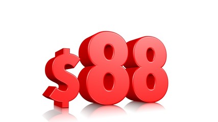 88$ Eighty eight price symbol. red text 3d  render with dollar sign on white background