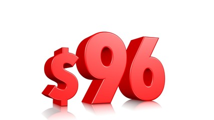96$ Ninety six price symbol. red text 3d  render with dollar sign on white background