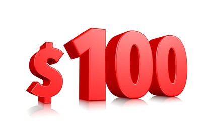 100$ one hundred price symbol. red text 3d  render with dollar sign on white background