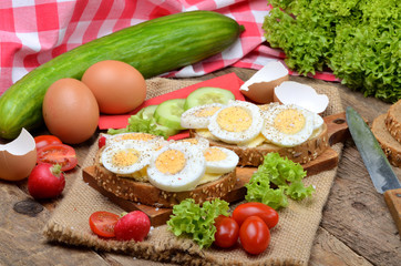 Wholemeal bread with butter, hard-boiled eggs, fresh radishes, tomatoes, salad and cucumbers in background
