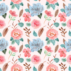 blue pink floral watercolor seamless pattern