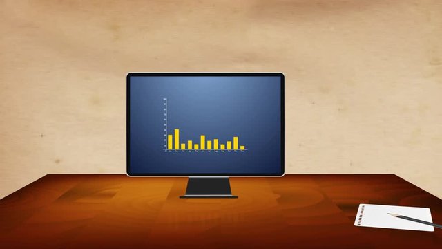 The computer on the desk displays the business results of the company using a graph.