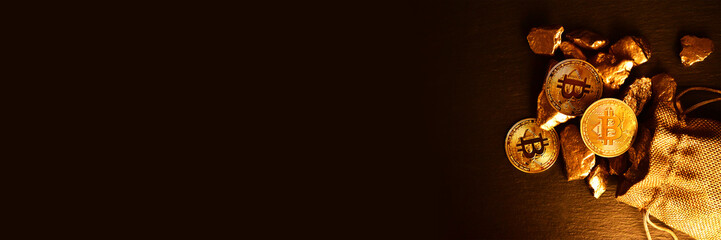 Concept of bitcoin coins and gold stones. Close-up.