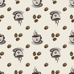 Seamless pattern with coffee beans and cups. Vector illustration.