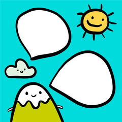 Smiling hill mountain sun cloud and speech bubbles hand drawn illustration in cartoon style