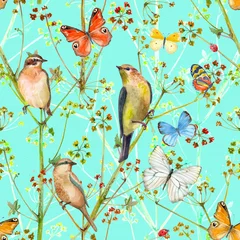 Keuken foto achterwand Turquoise kleurrijke natuur naadloze textuur met vogels en vlinders. aquarel schilderen