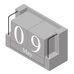 May 9th date on a single day calendar. Gray wood block calendar present date 9 and month May isolated on white background. Holiday. Season. Vector isometric illustration