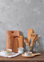 Kitchen still life with nuts and utensils
