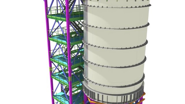 BIM model of a building with a tank made of metal structures. Drawing columns, beams, railings. Building Information Modeling for owners, managers, designers, engineers, and contractors. 3D rendering.
