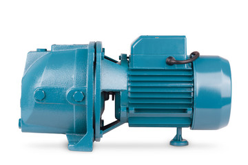 Blue pump to supply water to station water supply. Isolated white background. Metal body of pump, pressure sensor. Blue color station. Application in private homes, country house, village, cottage.