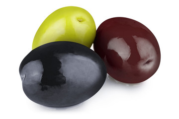 Red, black and green olives, isolated on white background
