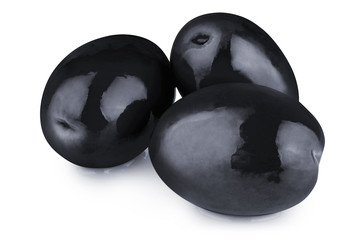 Three delicious black olives, isolated on white background