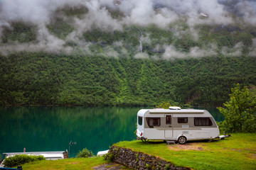 Family vacation travel RV, holiday trip in motorhome