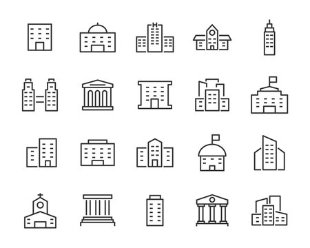 set of building icons, such as city, apartment, condominium, town